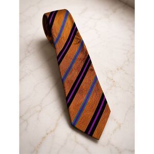 Bijan Silk Repp Stripe Tie Gold Orange Purple Blue Luxury Designer Necktie Made